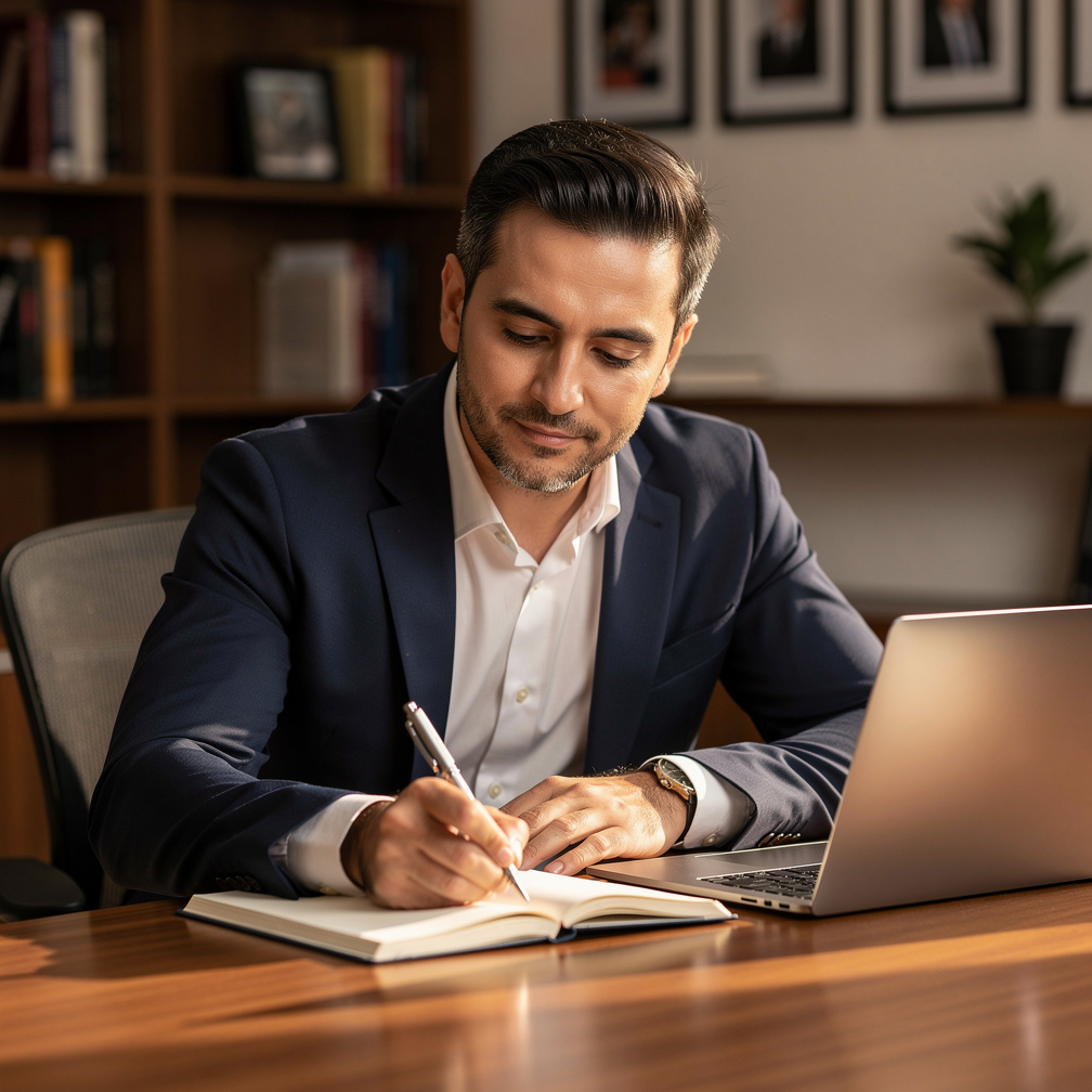 Turkish journalist writing at his desk